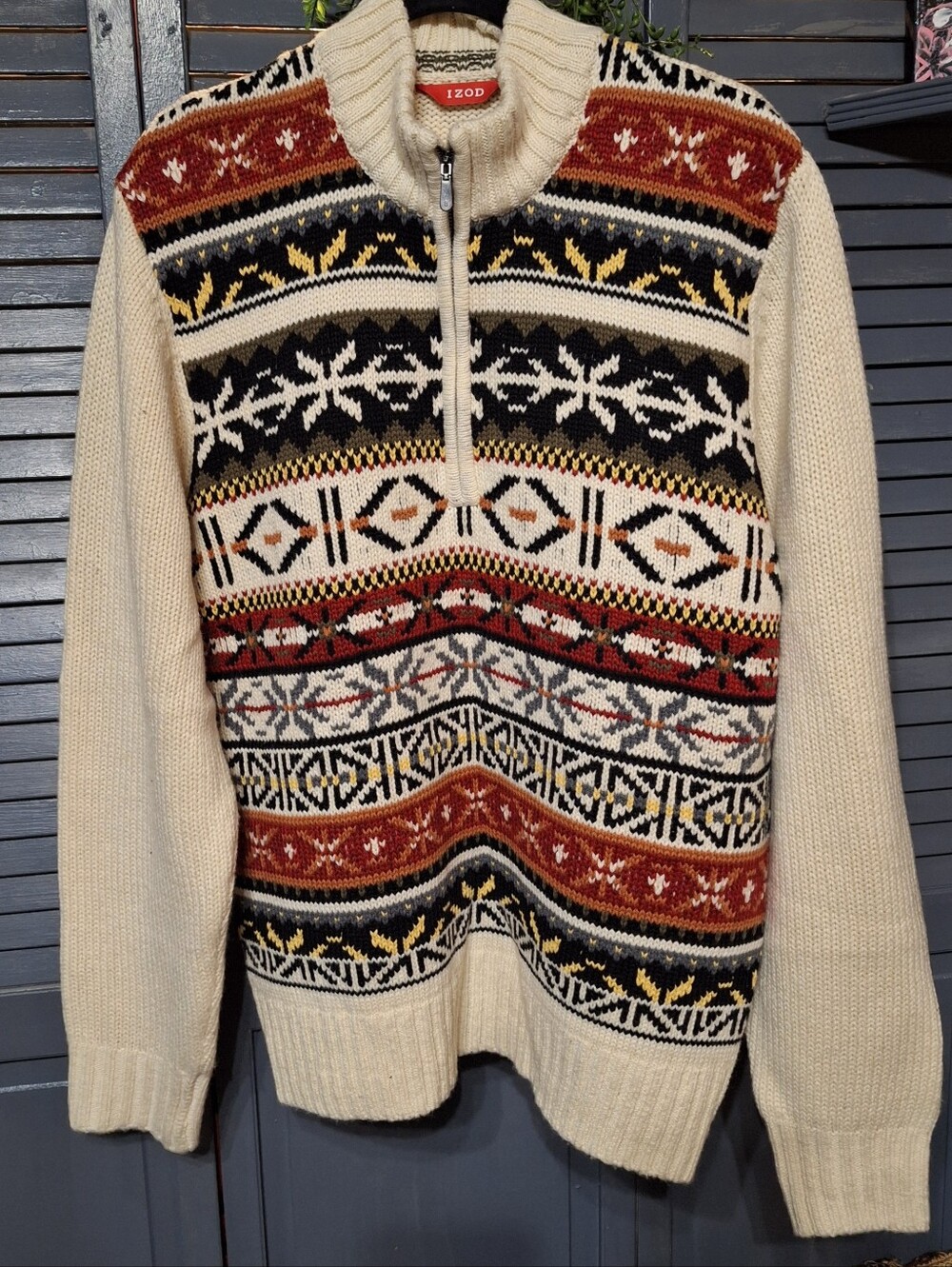 Izod Cream Fair Isle Zip Sweater with Red Black and Yellow Accents